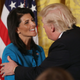 President Donald Trump greets U.N. Ambassador Nikki Haley during an event celebrating Women’s History Month in the East Room at the White House on March 29, 2017, in Washington, D.C.
